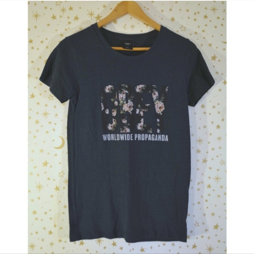 Obey Navy Blue Floral Logo Short Sleeve Tee Small